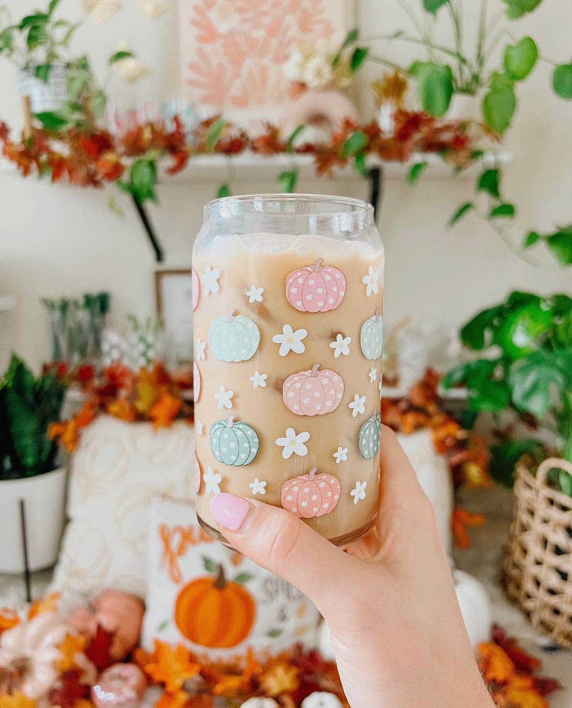Pastel Pumpkins 16 oz Dishwasher Safe Glass Can Cups